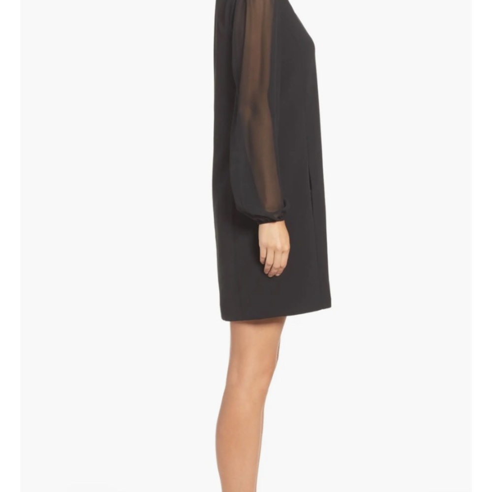 Little Black Dress, Sheer Sleeve Shift Dress with lace neck line, Cocktail Dress - Picture 3 of 13
